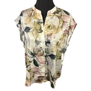 Elie Tahari Womens Floral Silk Blend Cap Sleeve Split Neck Blouse Cream Green S